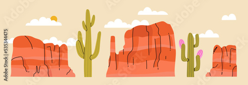 Set of desert mountain rocks and cacti, green piked plants. Isolated natural elements, wild west or african nature flora for game formation, Cartoon vector illustration, icons