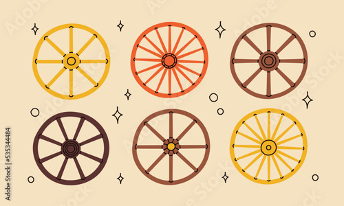 Cowboy western theme wild west concept.Hand drawn colorful vector set. Elements are isolated.Different set of wooden wheels. Hand drawn colored flat vector illustration.