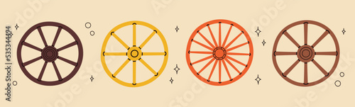 Cowboy western theme wild west concept.Hand drawn colorful vector set. Elements are isolated.Different set of wooden wheels. Hand drawn colored flat vector illustration.