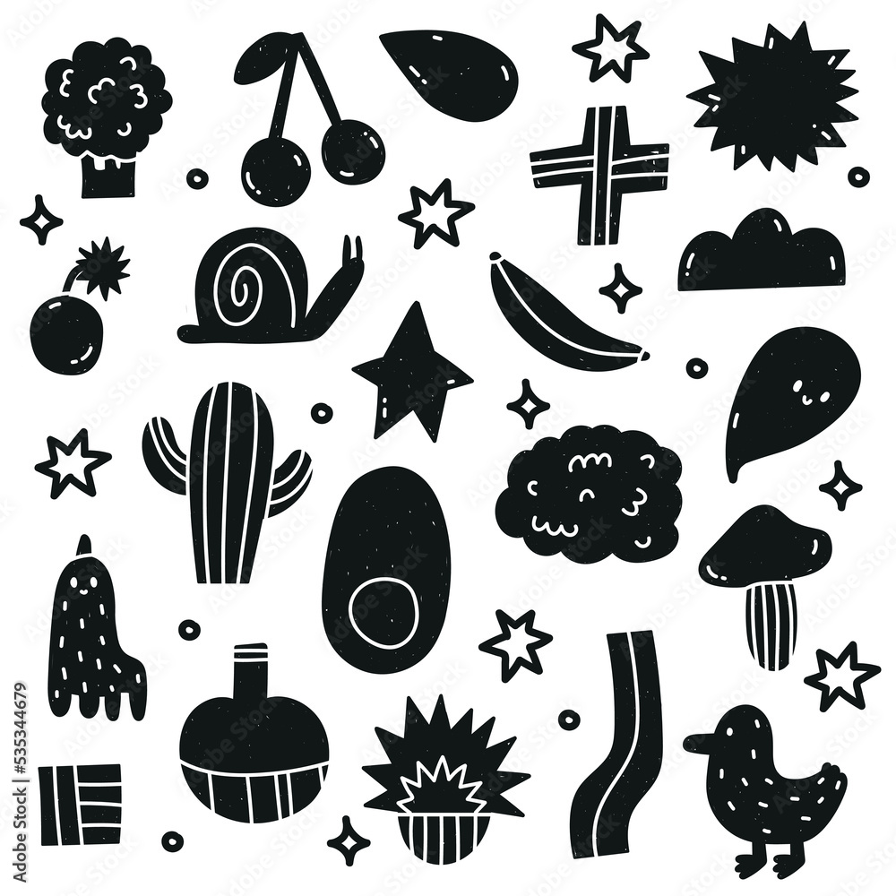 Various strange creatures and items. Abstract imaginary. Cute Black trendy Vector set. Hand drawn illustration. All elements are isolated