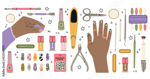 Cartoon female manicured hands, manicure salon nail care routine. Women's hands and various manicure supplies, equipment, tools. Nail scissors, nail file, tweezers, nail polish, hand cream, brush.