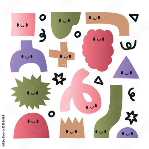Collection of abstract form. Geometric shapes characters. Kawaii style with cute smile. Cute bright hand draw illistration. Abstract color kids characters, cartoon emotions design, vector with texture