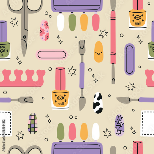 Manicure vector seamless pattern. Nail salon vector. Manicure and pedicure studio. Fashion beauty banner for spa with nail polish or lacquer. hand draw illustration with nail manicure accessories
