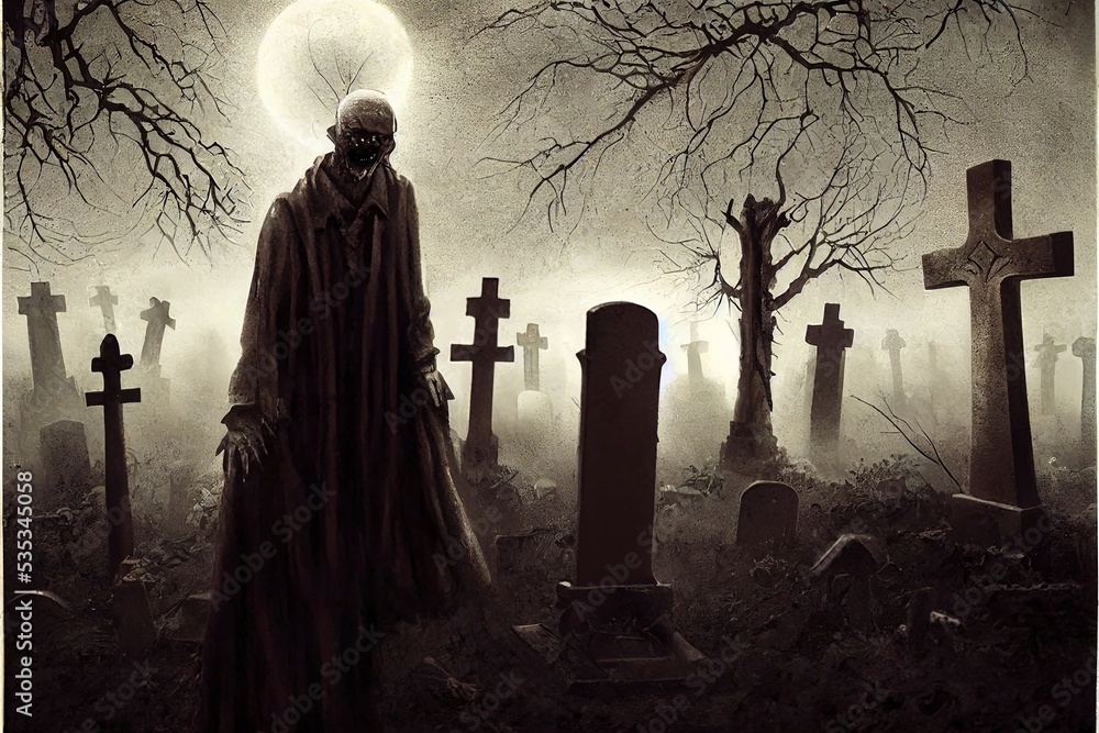 Zombie Rising Out Of A Graveyard In Spooky Night, cemetery Stock ...