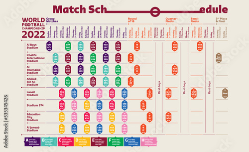 Vector original schedule of games of the World Football Championship 2022 with color designations of groups. Time and place of the games