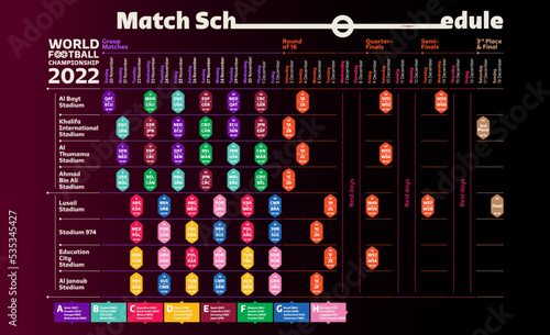 Vector original schedule of games of the World Football Championship 2022 with color designations of groups. Time and place of the games on a dark background