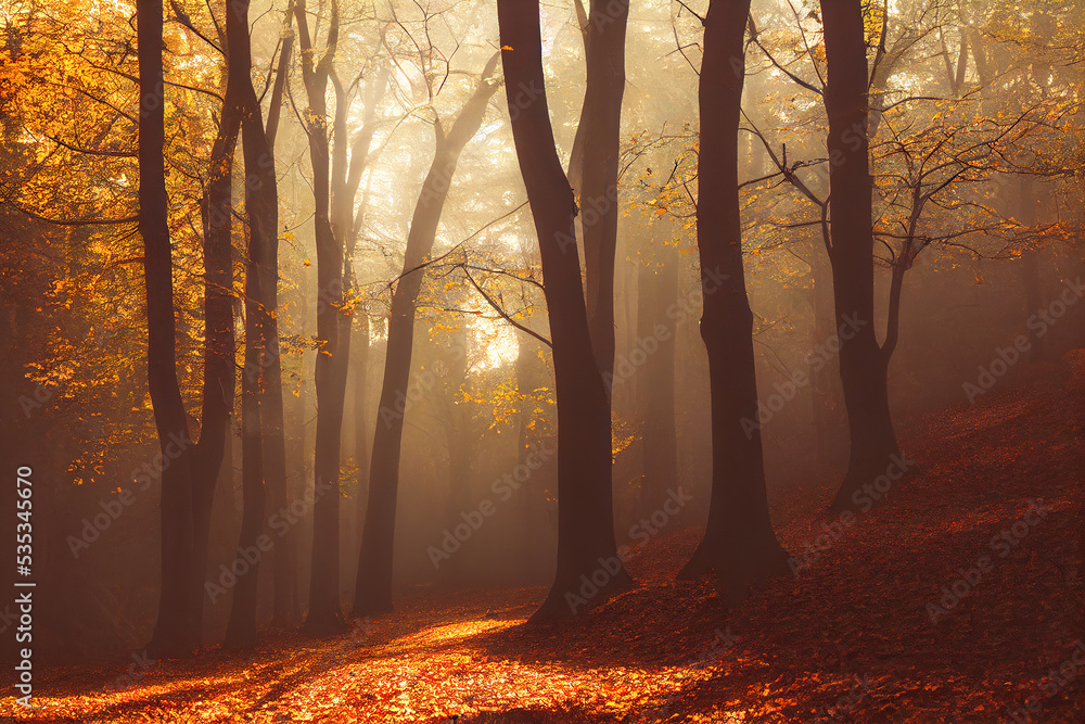 Path leading through an autumn forest landscape - obrazy, fototapety, plakaty 