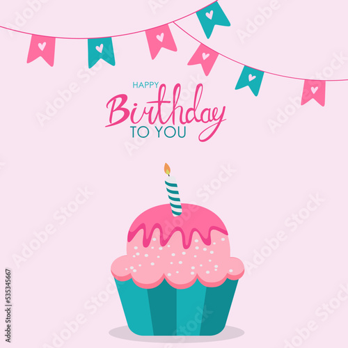 Happy  Birthday  To You card design with a cute Cupcake and  Candle