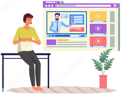 Online courses, e-learning concept. Youtube video player with video content mockup. Social media, modern digital technologies. Young man blogger leads video blog records podcasts for subscribers