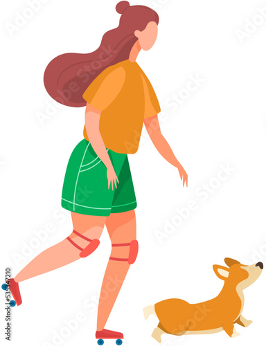 Roller skating girl. Young woman roller skates with her little friend dog, rollerblading teenager active lifestyle, trendy leisure time outdoors, female character in colorful clothes, extreme sport