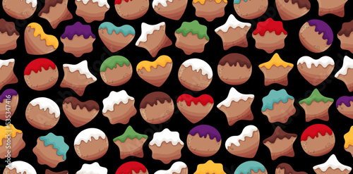 Gingerbread cookie pattern. Christmas cookies background. Christmas sweets texture. Cute kawaii cookies. Gingerbread man wallpaper. Christmas textile, fabric texture.Gingerbread house, glazed cookie 