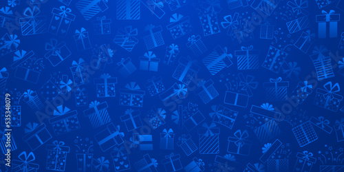 Background of gift boxes with bows and different patterns, in blue colors