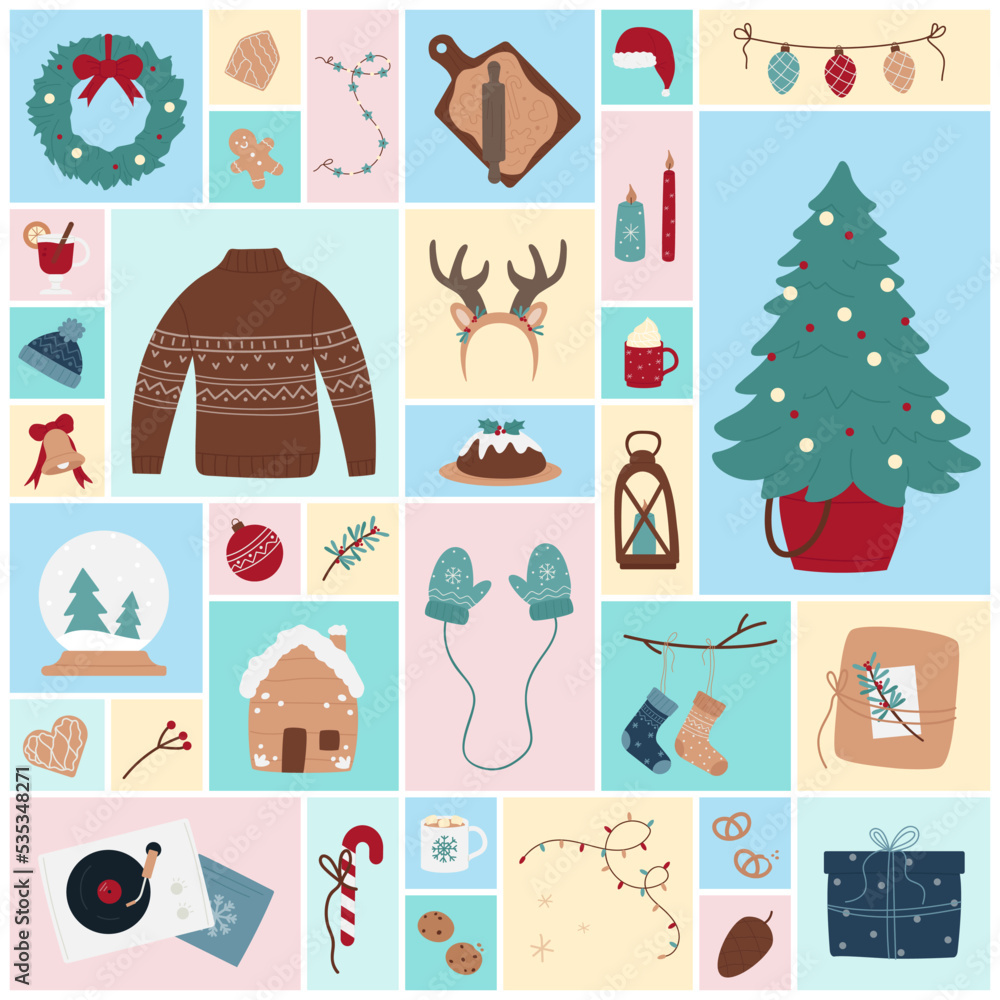 Fototapeta premium Christmas decoration set vector illustration. Cartoon cute winter season elements collection with gingerbread, mistletoe wreath and crystal ball, hat and gifts for kids in square collage background