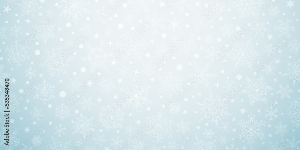 Background of complex big and small Christmas snowflakes in light blue colors. Winter illustration with falling snow
