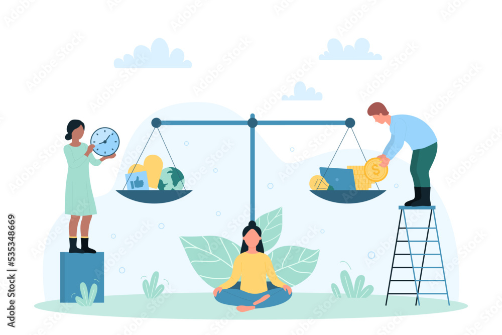 Comparison of work life balance vector illustration. Cartoon tiny man and woman compare on scales with money price of career, wellness and healthy lifestyle. Responsibility, choice, payment concept Comparison of work life balance vector illustration. Cartoon tiny man and woman compare on scales with money price of career, wellness and healthy lifestyle. Responsibility, choice, payment concept