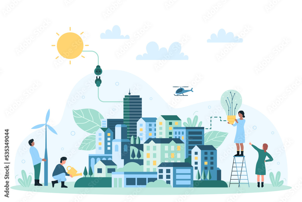 Green energy for homes of eco friendly city vector illustration. Cartoon minimal geometric cityscape with solar panels and windmill, skyscrapers and park, people connect light bulb to electric system - obrazy, fototapety, plakaty 