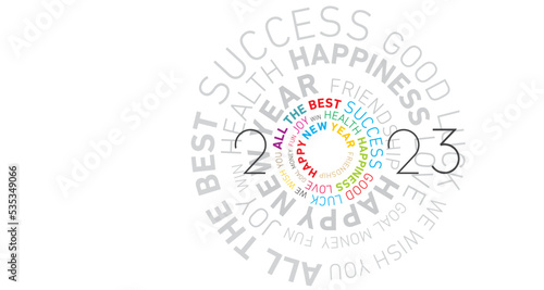Happy New Year 2023 modern ring circle wheel word cloud text with sparkle firework colorful white greeting card