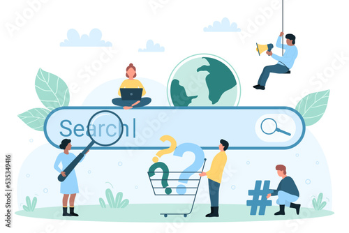 Online web search service vector illustration. Cartoon tiny people look through magnifying glass to explore internet, millennial characters use browser search engine to find answers to questions