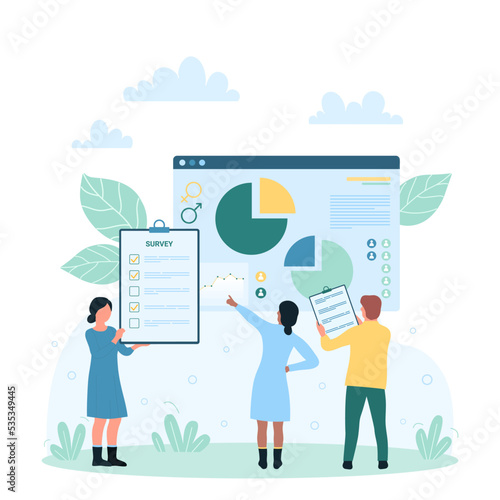 Sociology survey and research results vector illustration. Cartoon tiny people holding survey list to study society, focus group, gender statistics and discuss report document with graphs and charts