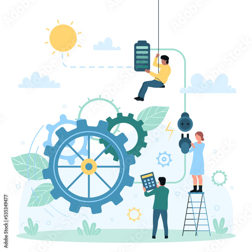 Electrification, solar panel farm, alternative eco green technology vector illustration. Cartoon tiny people charge battery from heat of sun, renewable energy from sunlight to power gear mechanism