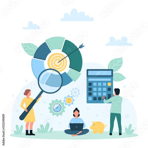 Business analysis, analytics, data graph and stats research vector illustration. Cartoon tiny people analyze pie chart with magnifying glass and calculator, verify analytic report with focus lens