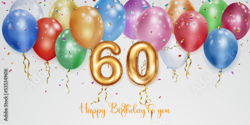 Festive birthday illustration with colored helium balloons, big number 60 golden foil balloon, flying shiny pieces of serpentine and inscription Happy Birthday on white background photo