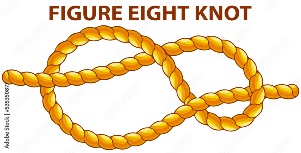 Yellow nautical rope knot, interweaving of ropes, cables, tapes or other  flexible linear materials. Figure eight knot isolated on white. Household  binding and fastening unit for permanent fastening Stock Vector