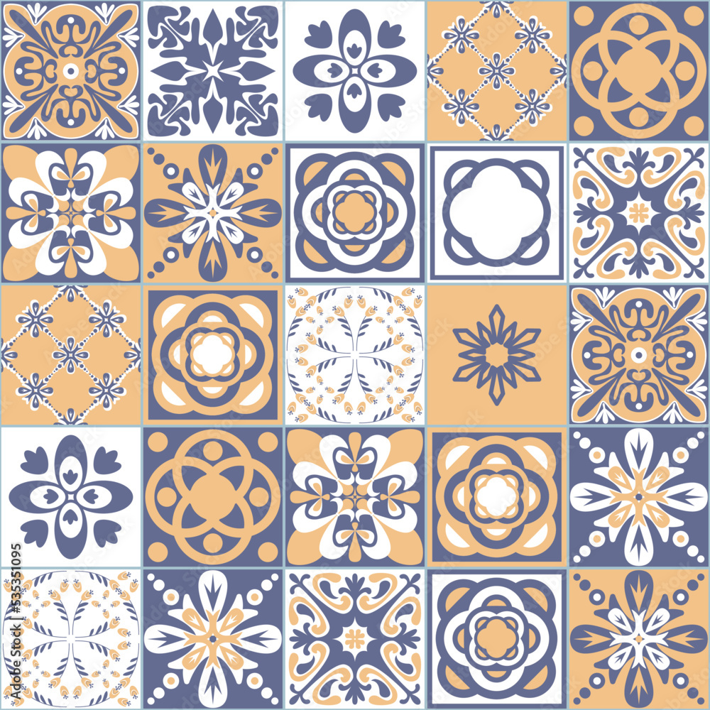 Portuguese Ceramic Tile Blue Purple Beige Color Square Geometric pattern Wall Decoration Traditional Portuguese Design