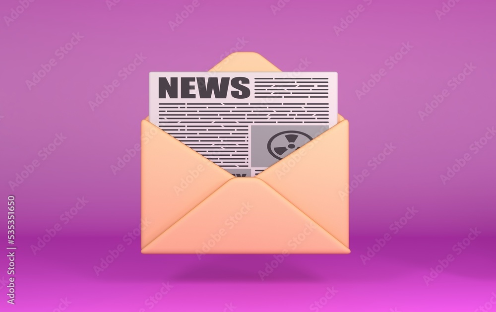 newsletter 3D illustration. Newspaper in open mail envelop. newsletter 3d icon. newsletter 3D illustration. Newspaper in open mail envelop. newsletter 3d icon.