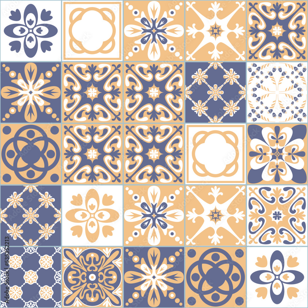 Azulejo tiles spanish traditional pattern, seamless pattern for kitchen and bathroom wall decoration, vector illustration