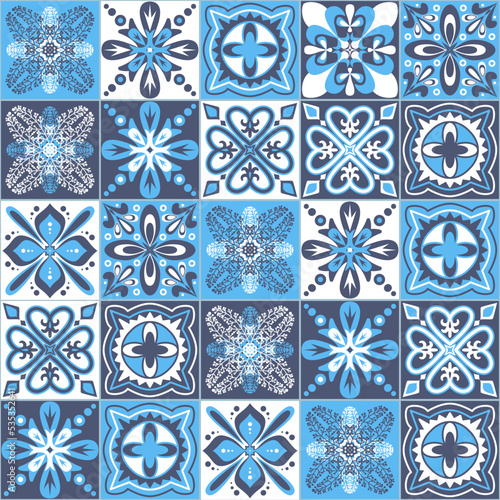 Azulejo talavera blue white ceramic tile pattern, vector illustration for design