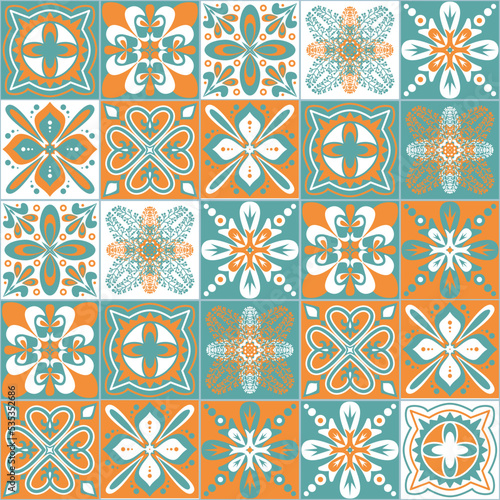 Azulejo talavera portuguese ceramic tile traditional floral pattern, green mint orange retro background