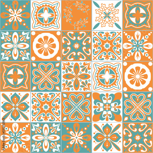 Azulejo talavera ceramic tiles, moroccan arabic wall decoration style, green orange seamless pattern vector illustration