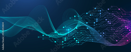 Quantum computer technologies concept. Futuristic blue circuit board background vector. Modern technology circuit board texture background design. Waves flow. Quantum explosion technology.