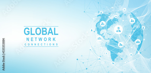 Global network connection concept. Big data visualization. Social network communication in the global computer networks. Internet technology. Business. Science. Vector illustration
