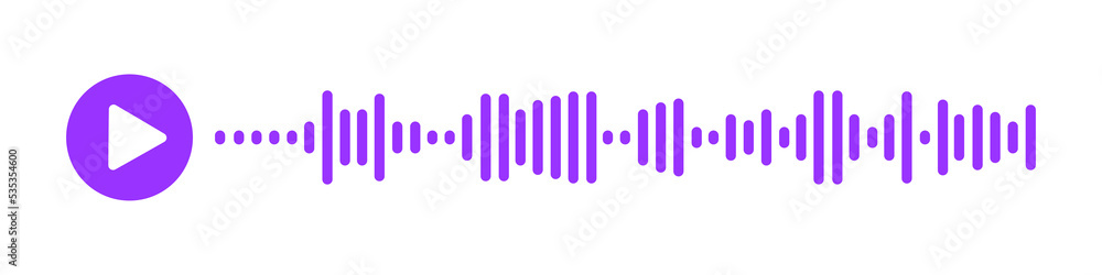 Voice message icon. Audio chat conversation example with play button and speech wave of sound file. Online messenger, radio, podcast mobile app interface element. Vector graphic illustration Voice message icon. Audio chat conversation example with play button and speech wave of sound file. Online messenger, radio, podcast mobile app interface element. Vector graphic illustration