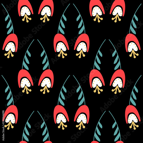 Bluebell flower pattern on dark background seamless pattern for design, campanula flower blossom, vector illustration