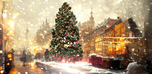  Christmas city decoration green tree illuminated snowy old town people walk on evening holiday winter background 