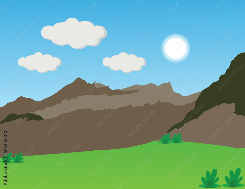 Cartoon mountain landscape with blue sky, sun and Clouds, green field. Meadows Grassland 2d cartoon Scene vector. hills look like Piramid.