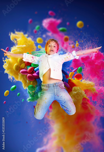 Young kid jumping against a...