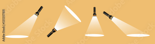 Flashlight, light bulb, spotlight, lantern in flat