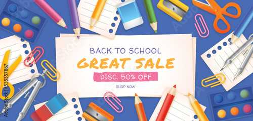 realistic back school sale horizontal banner template vector design illustration