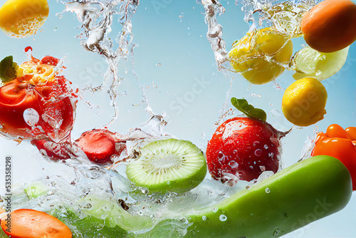 Fruits and vegetables splashing into clear water