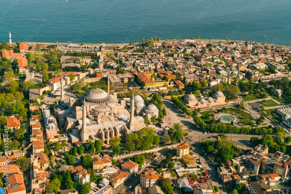 Aerial helicopter view of Aya sofia or Hagia Sofia in Istanbul, turkey in summer