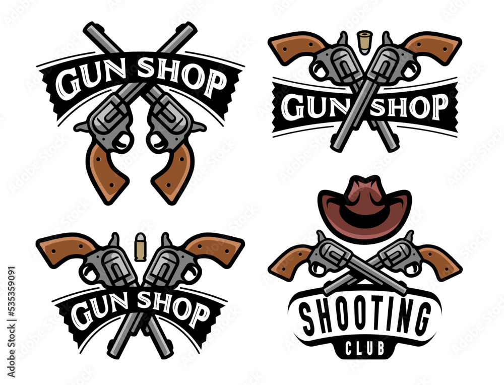 Gun shop, Shooting club badge or logo. Pistol, revolver symbol set