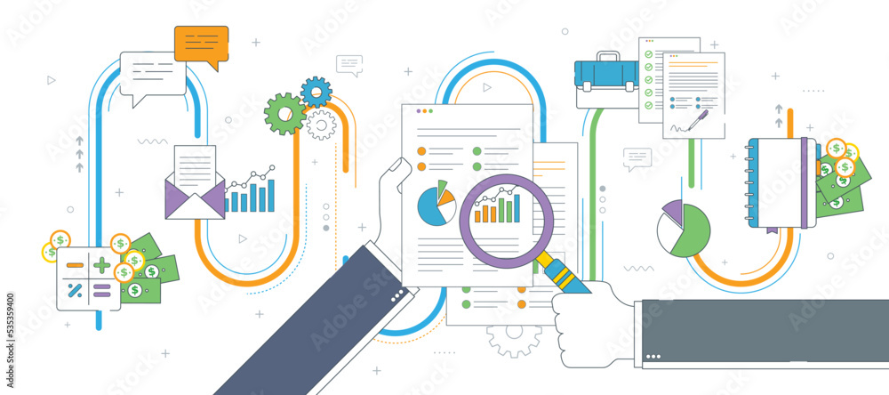 Hand with magnifying glass, analysis of documents with charts. Calculations of rate, investment and tax. Concept of financial investment, analytics with growth report. Thin line vector illustration. Hand with magnifying glass, analysis of documents with charts. Calculations of rate, investment and tax. Concept of financial investment, analytics with growth report. Thin line vector illustration.