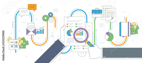 Hand with magnifying glass, analysis of documents with charts. Calculations of rate, investment and tax. Concept of financial investment, analytics with growth report. Thin line vector illustration.