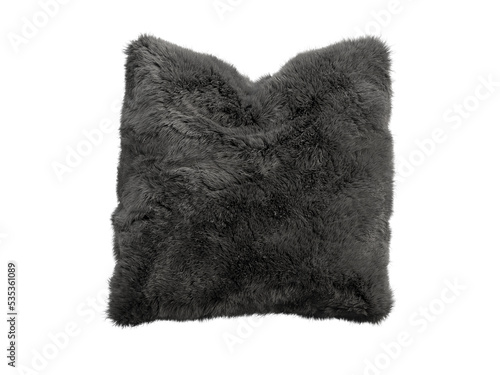 Black fluffy square eco fur accent pillow. 3d render