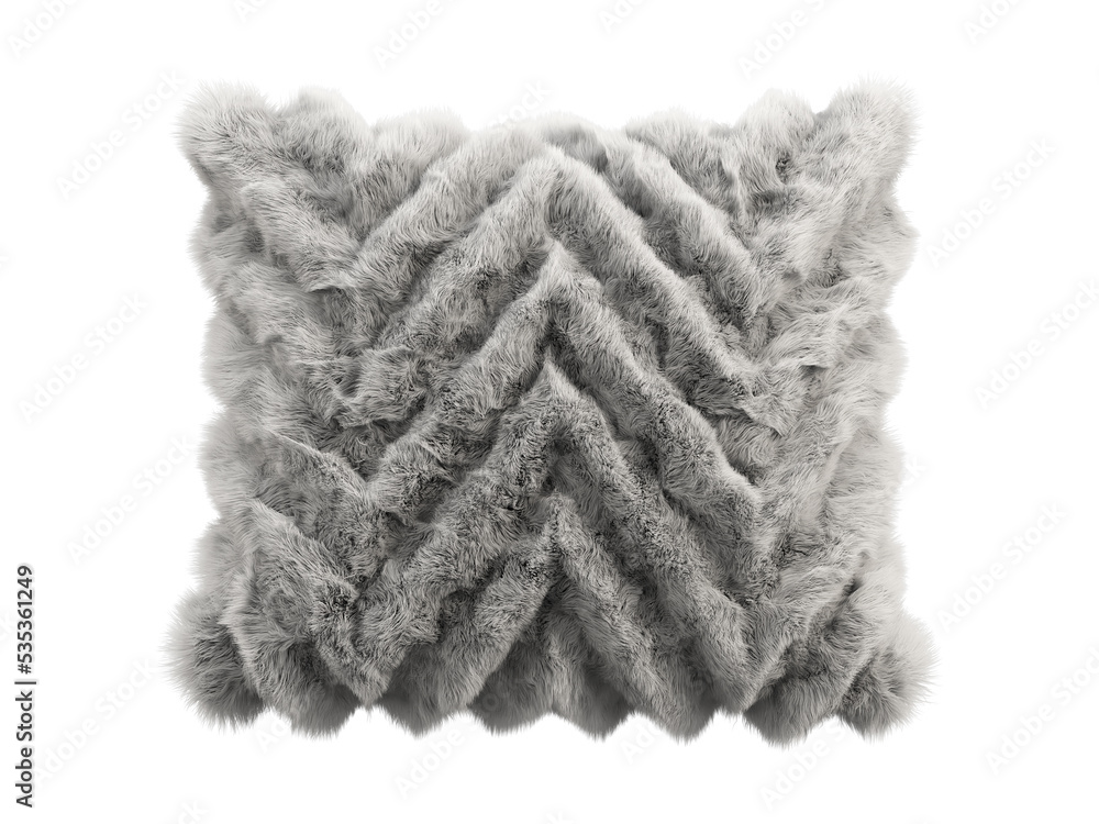 Fototapeta premium Gray fluffy square eco fur accent pillow. 3d render