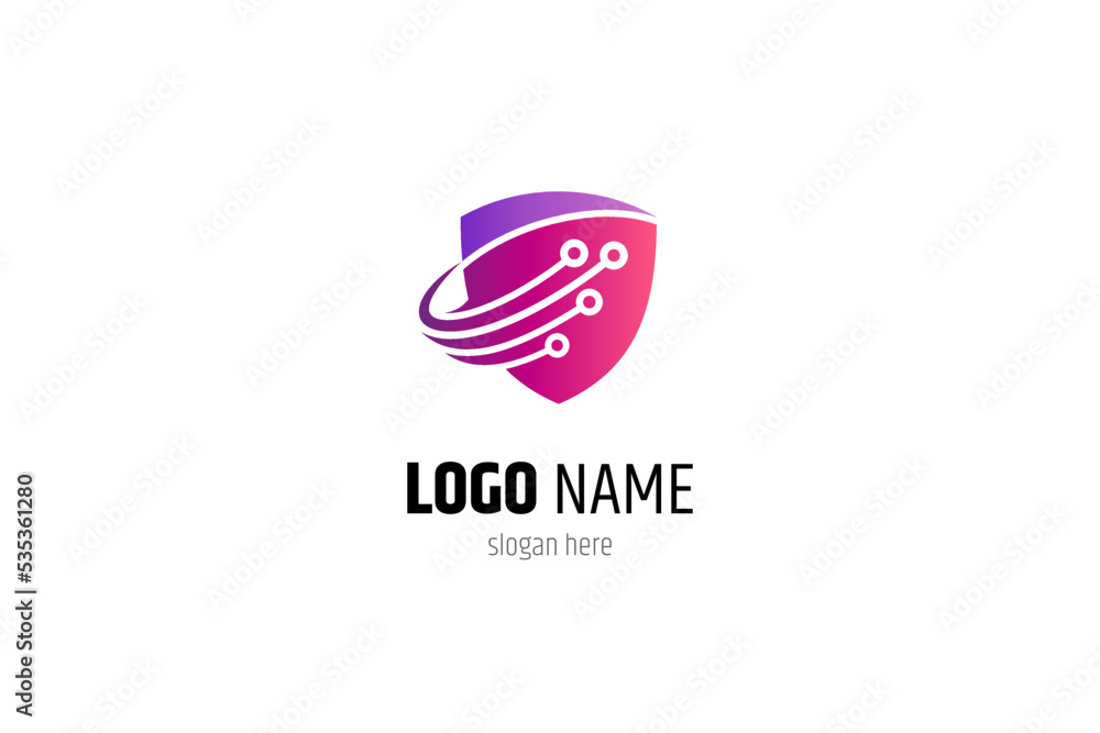 Shield logo with technology icons in red and purple color gradient